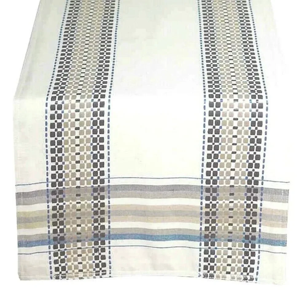 Terra Woven French Country Table Runner 14x90 Beige Blue Farm Rustic